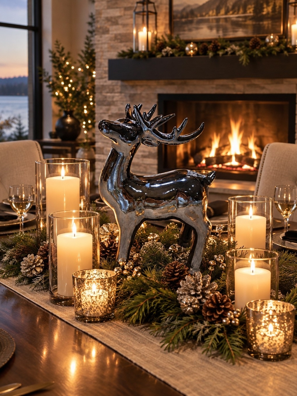 Silver Gray Navy Blue Ceramic Reindeer Holiday Centerpiece